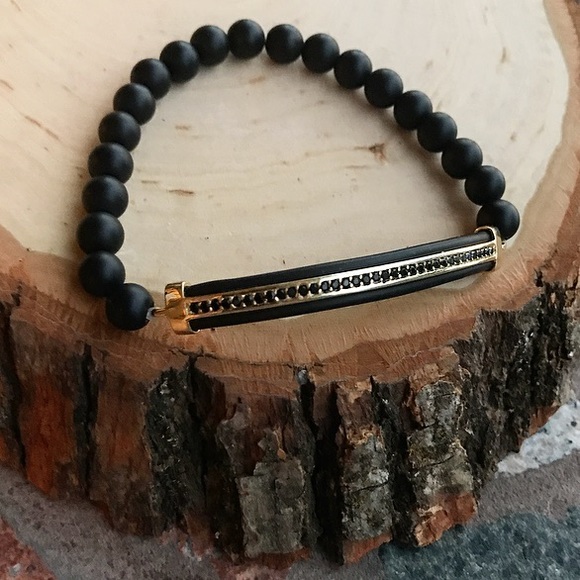 Silverskylight Jewelry - Yellow gold plated bar bracelet , black cz & onyx